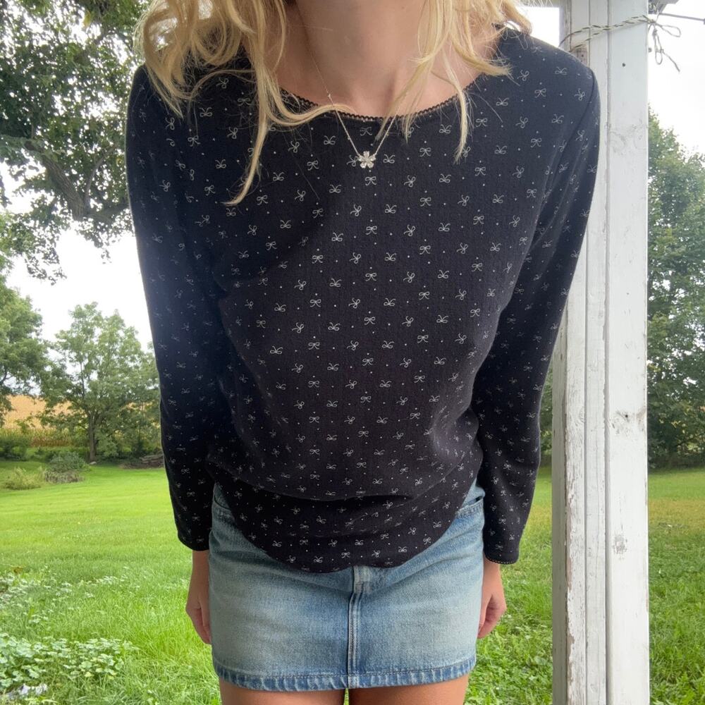 Women's Y2K Black Long Sleeve Pointelle PJ Top with All-Over White Bow Print - Picture 2 of 3